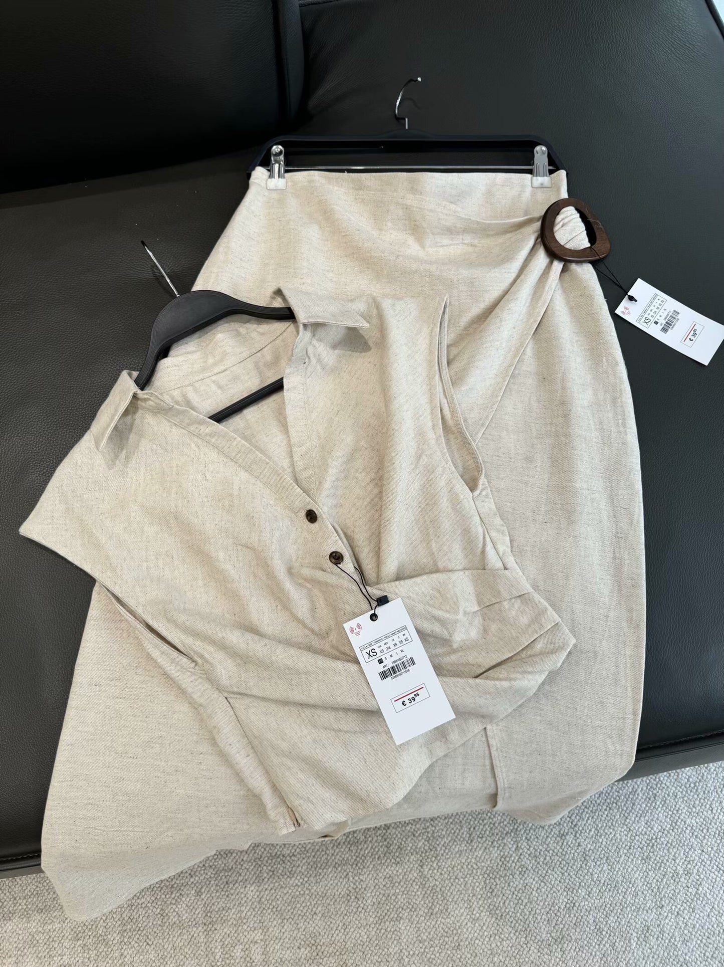 Ladies' new fashion slim short pleated linen blend top+Skirts Women's suit