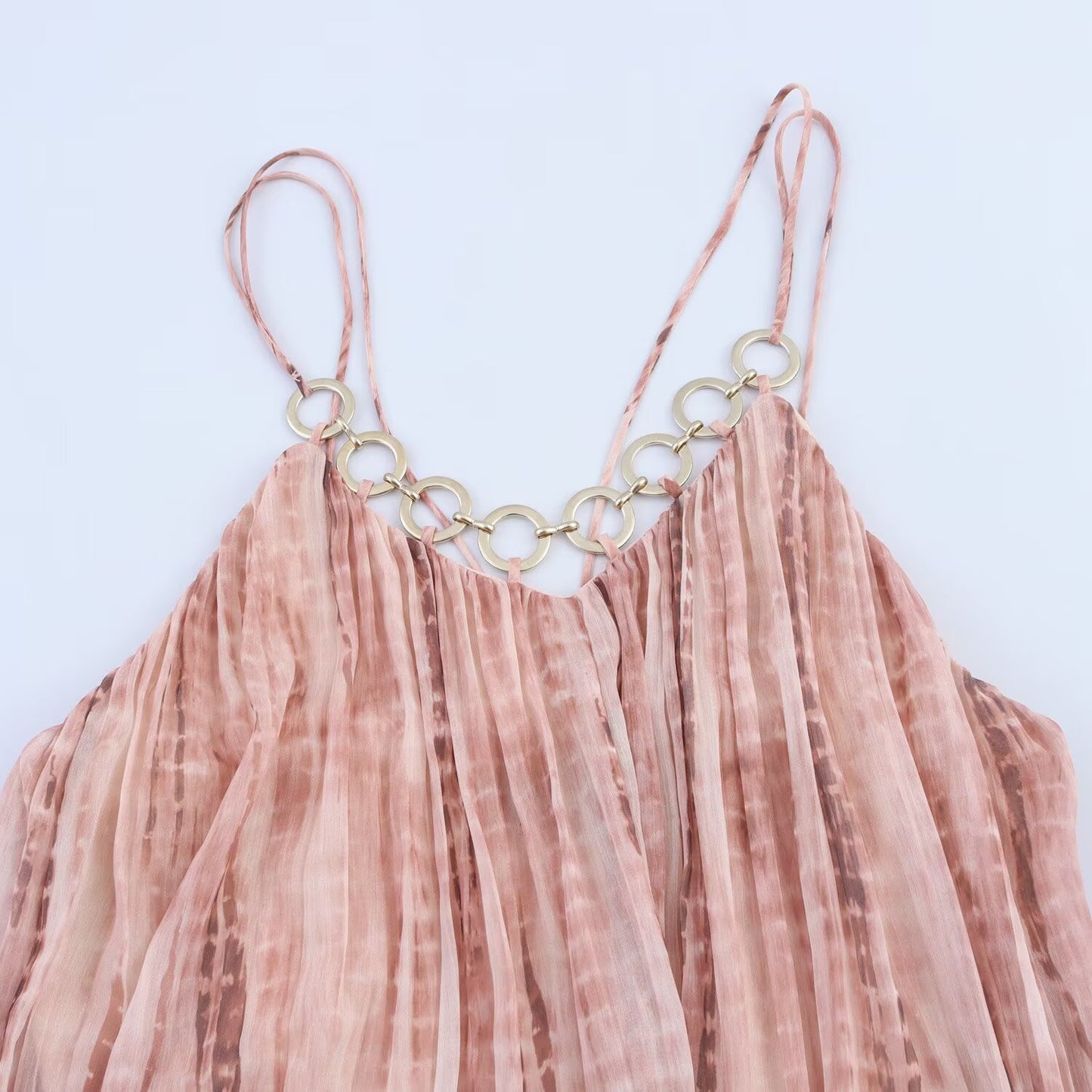 Women's' New Fashion ring decoration wide pleated tie dye suspender MIDI dress