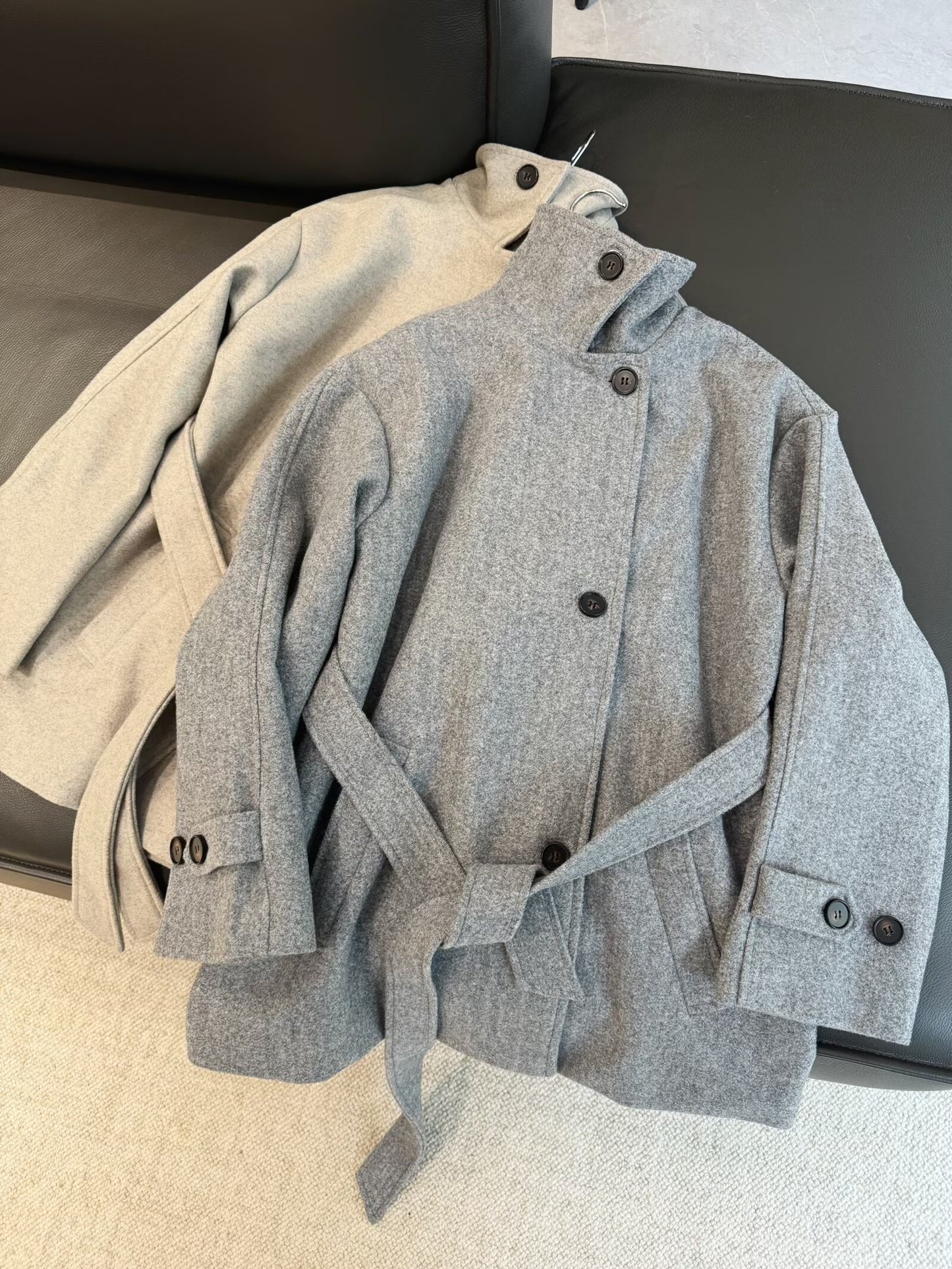 Women's New With Belt Double layered collar Soft Texture Coat