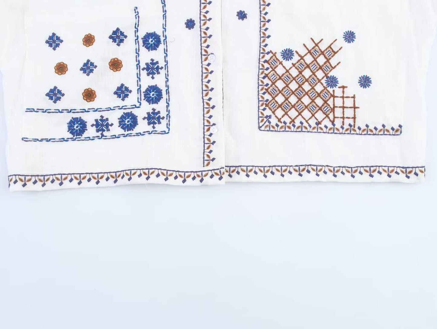 Ladies' new fashion loose single breasted short sleeved V-neck embroidered shirt