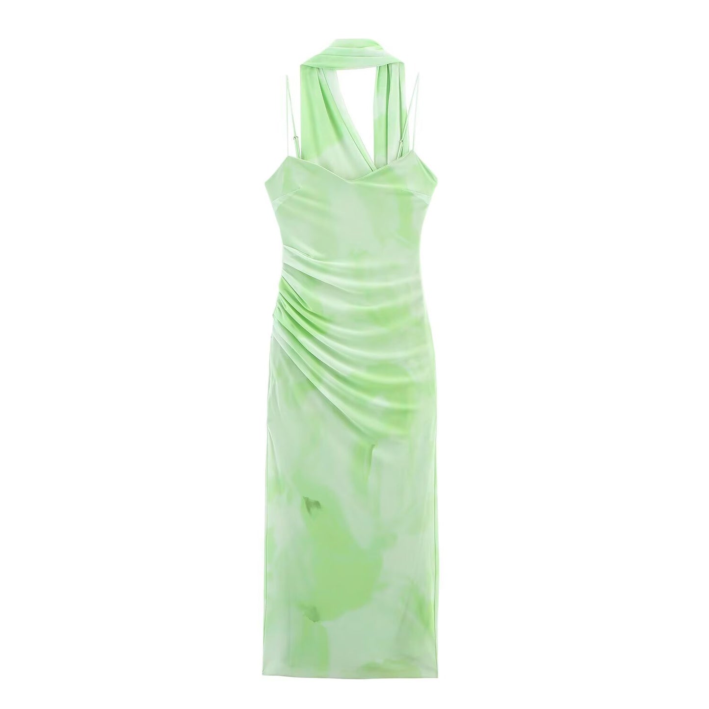Women's' New Fashion scarf decoration Tight tulle Printed suspended Midi dress