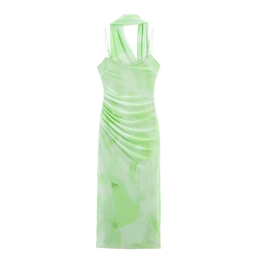 Women's' New Fashion scarf decoration Tight tulle Printed suspended Midi dress