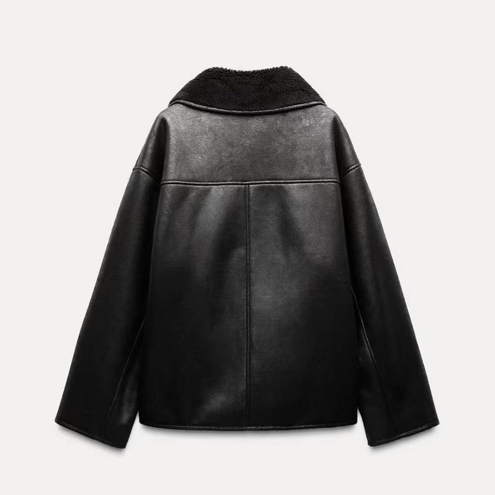 Women's loose warm double-sided Fur Faux Leather jacket Coat