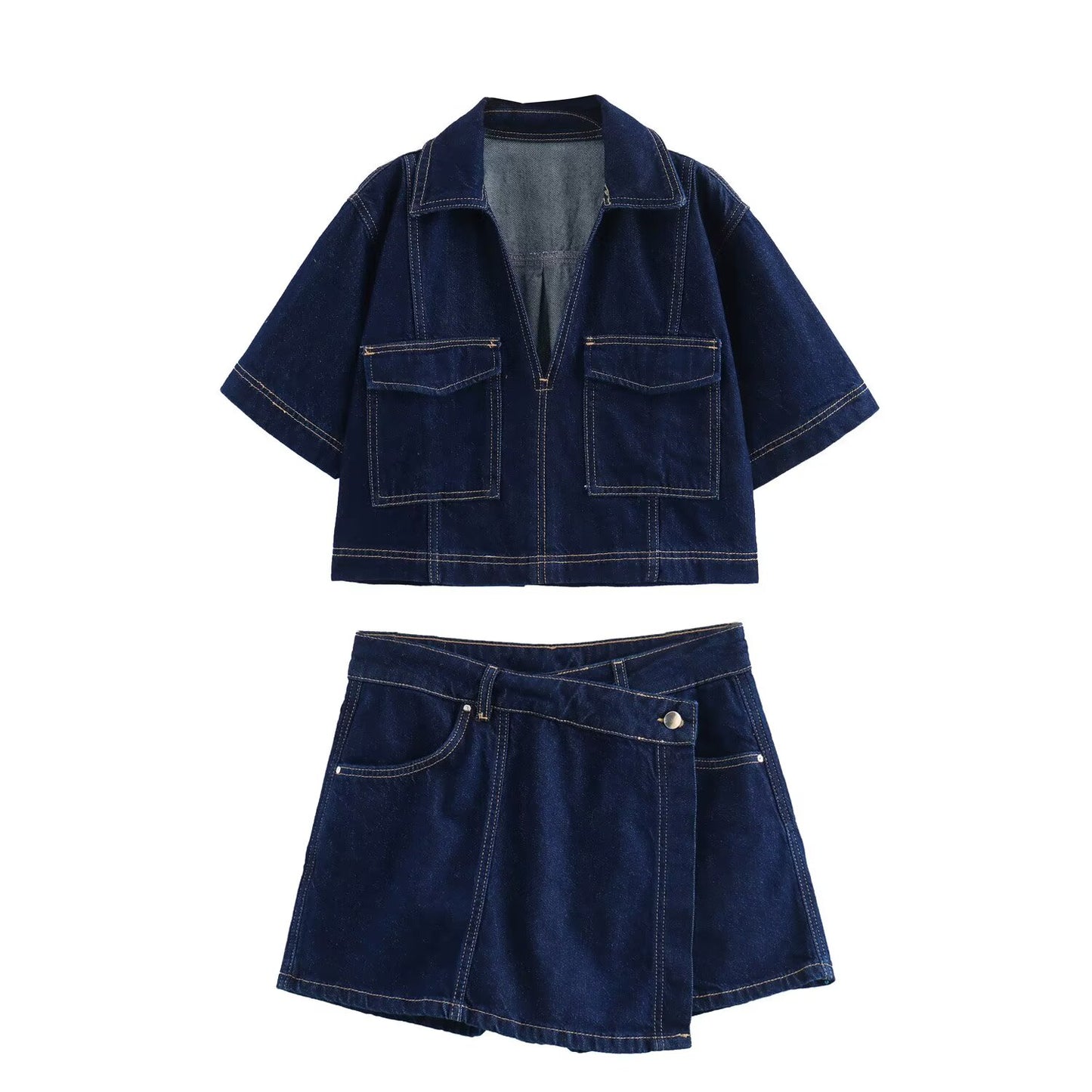 Ladies' new fashion casual short denim shirt retro short sleeved women's shirt chic top+Shorts Skirts Women's suit