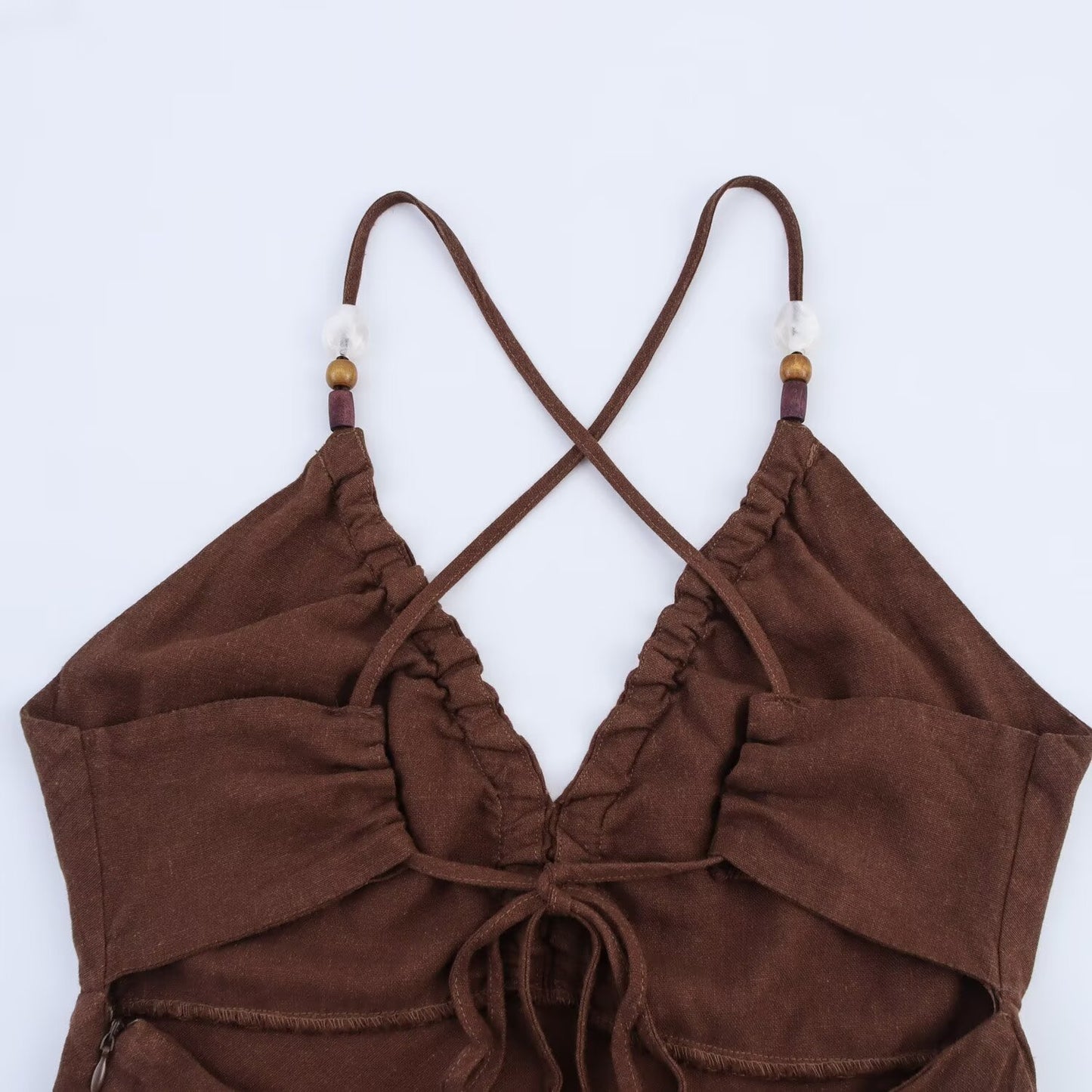 Women's' new fashion slim backless V-neck linen blended suspender MIDI dress