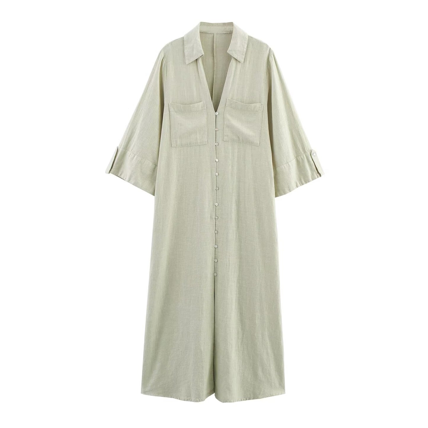 Women's 2025 new chic fashion linen blend shirt style MIDI dress retro long sleeved button up women's dress