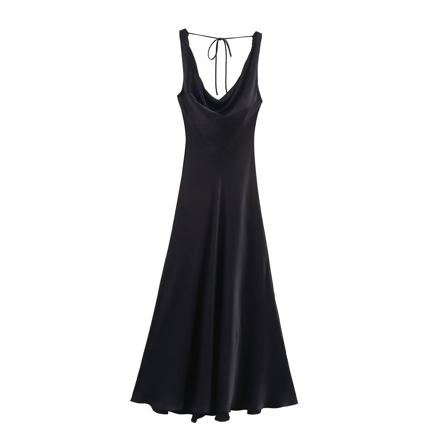 Women's' New Fashion black slim satin texture draped suspender MIDI dress