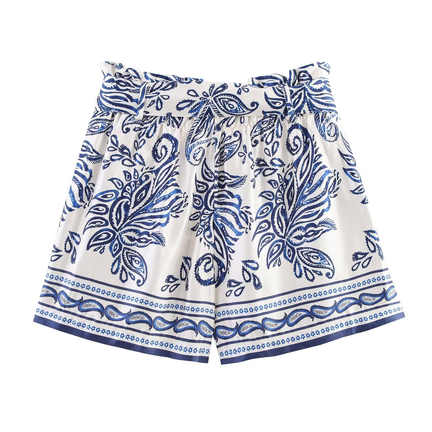 Women's New With Belt Satin Texture paper bag style printed shorts