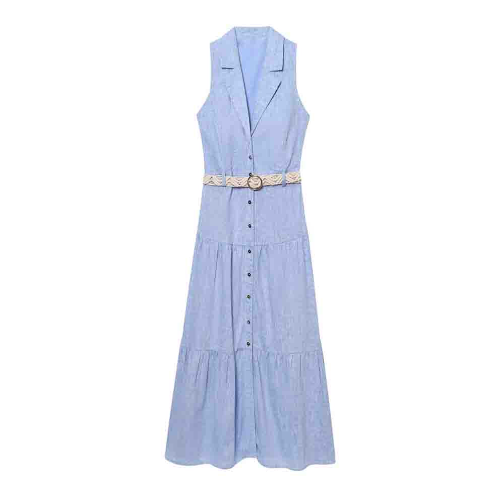 Women's New Fashion With Belt Casual Single breasted Linen Blended Sleeveless Midi Dress