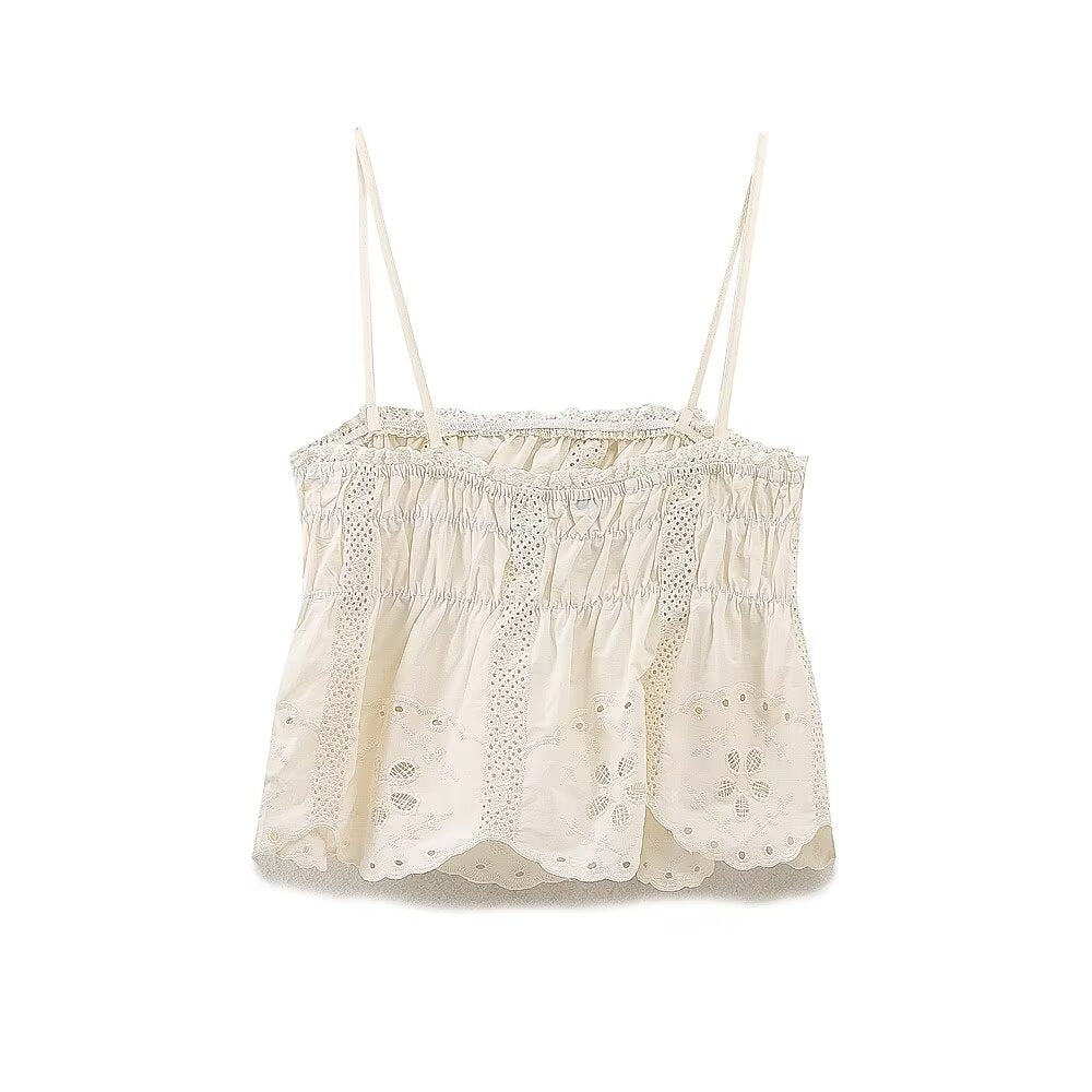 2025 Women's fashion Hollow embroidery suspender top+shorts suit