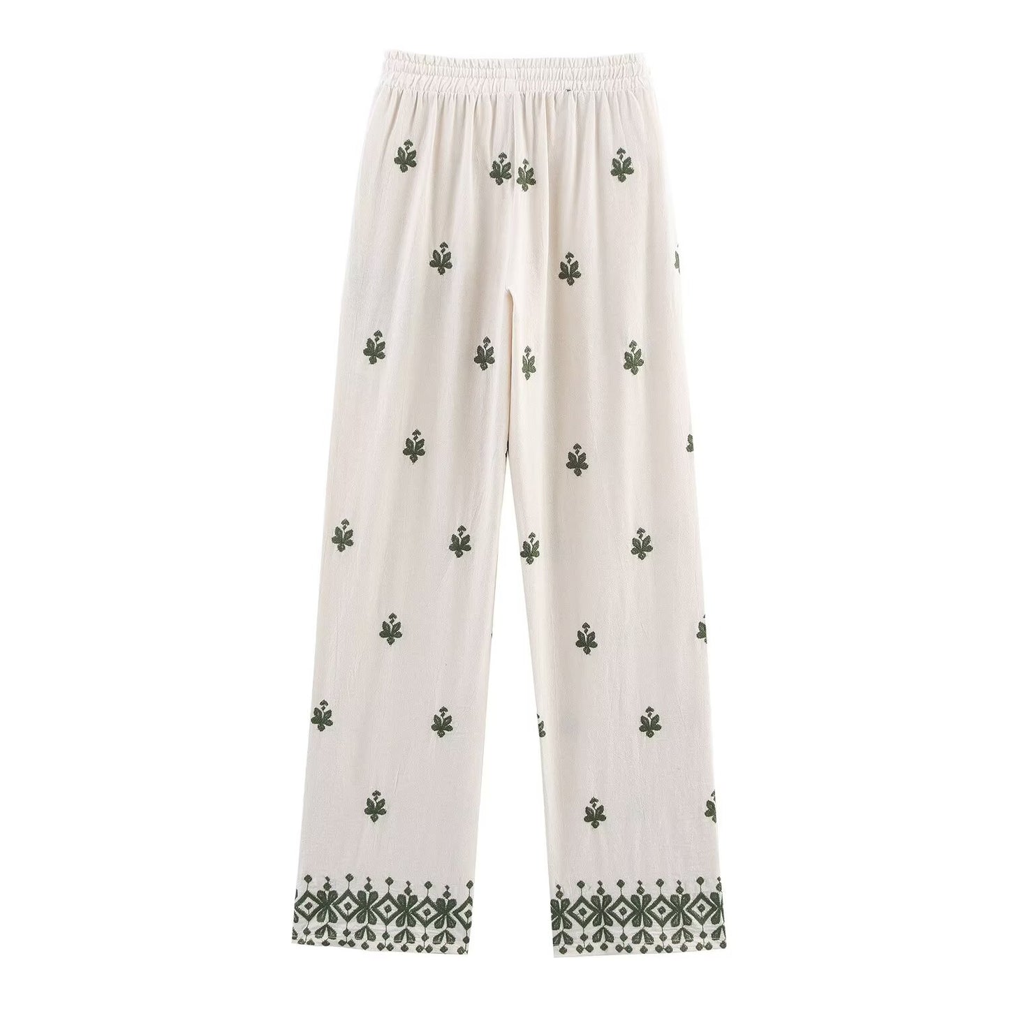 Ladies' New Fashion Drawstring Waist Loose Side Pocket Casual Embroidered Wide Leg Pants