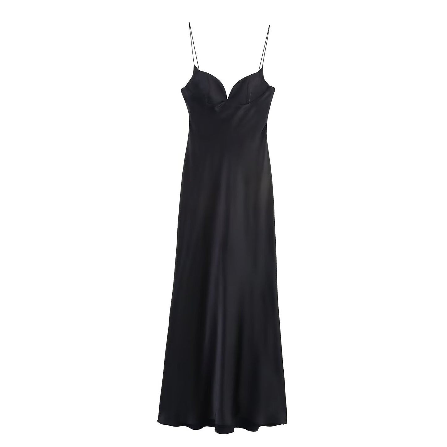 Ladies' new fashion black slim backless satin texture suspender MIDI dress