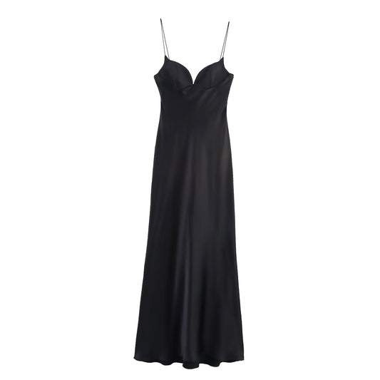 Ladies' new fashion black slim backless satin texture suspender MIDI dress