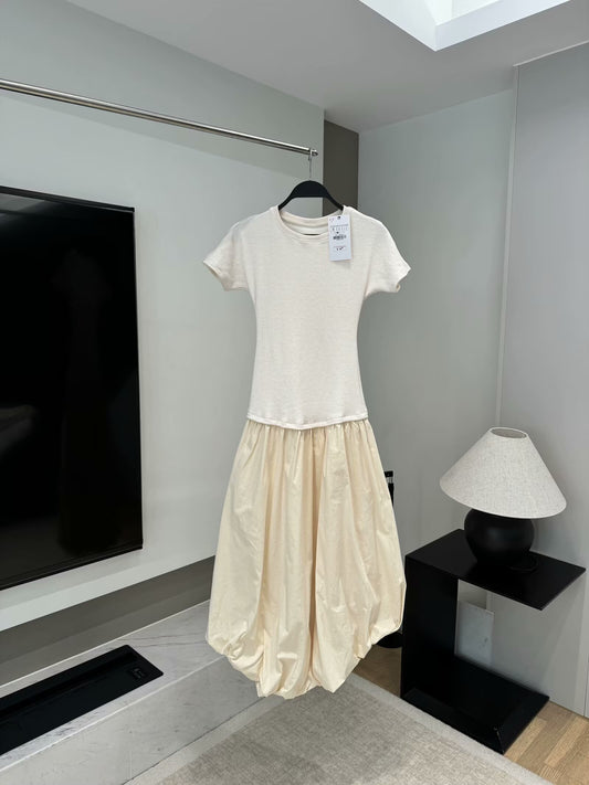 Ladies' new fashion balloon shaped elastic slim short sleeved patchwork MIDI dress