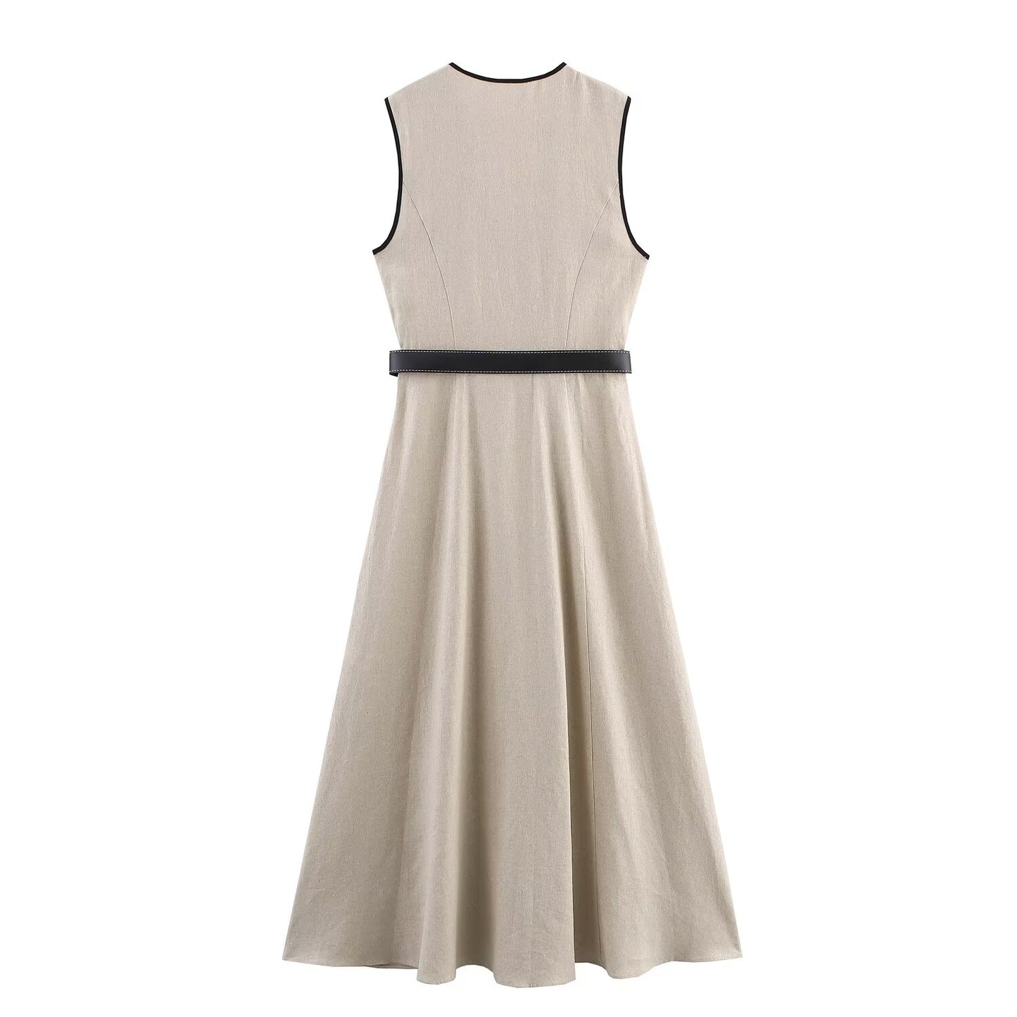 Women's' New Fashion With Belt Sleeveless Linen Blended V-neck Midi Dress