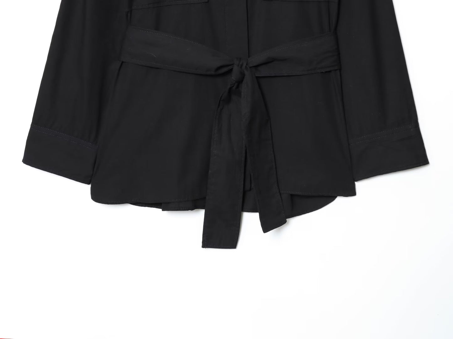 Women's 2025 New Fashion With Belt Black Poplin Button-up Shirt