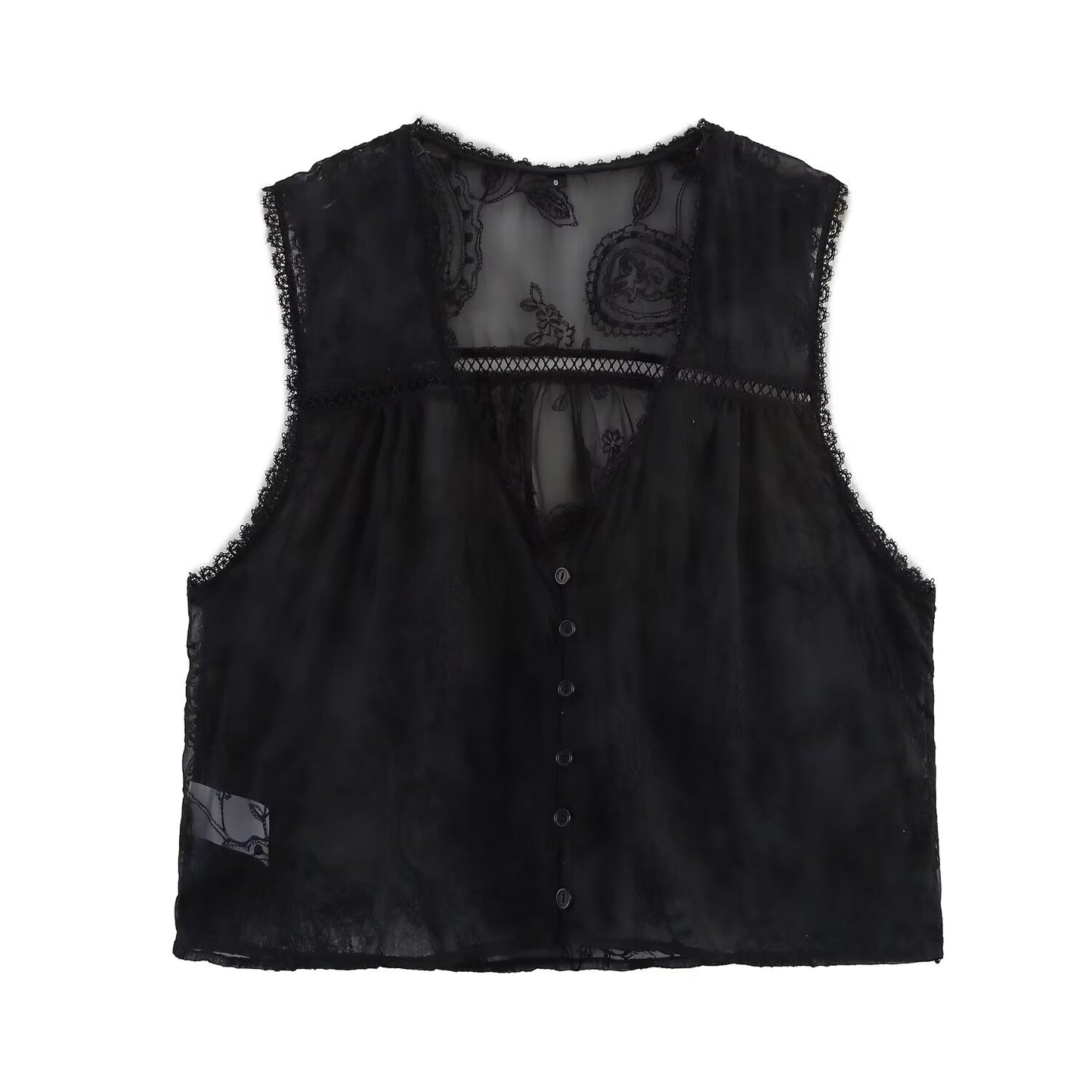 Ladies' New Fashion Vertical Lace Decoration Sleeveless V-neck Embroidered Shirt
