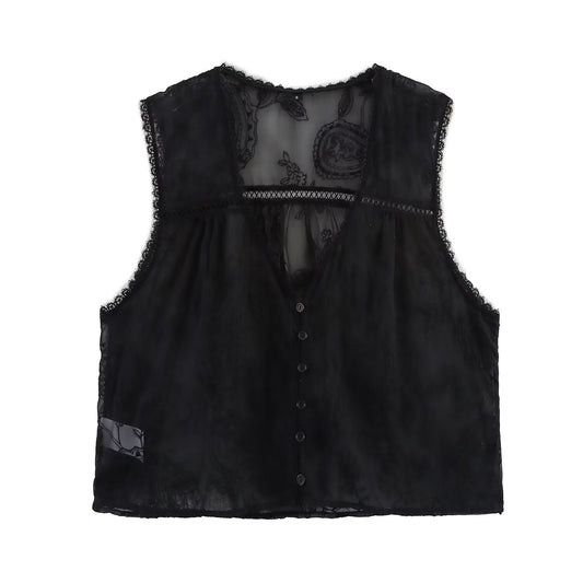 Ladies' New Fashion Vertical Lace Decoration Sleeveless V-neck Embroidered Shirt