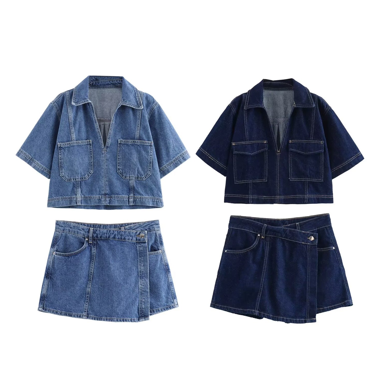Ladies' new fashion casual short denim shirt retro short sleeved women's shirt chic top+Shorts Skirts Women's suit