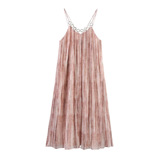 Women's' New Fashion ring decoration wide pleated tie dye suspender MIDI dress