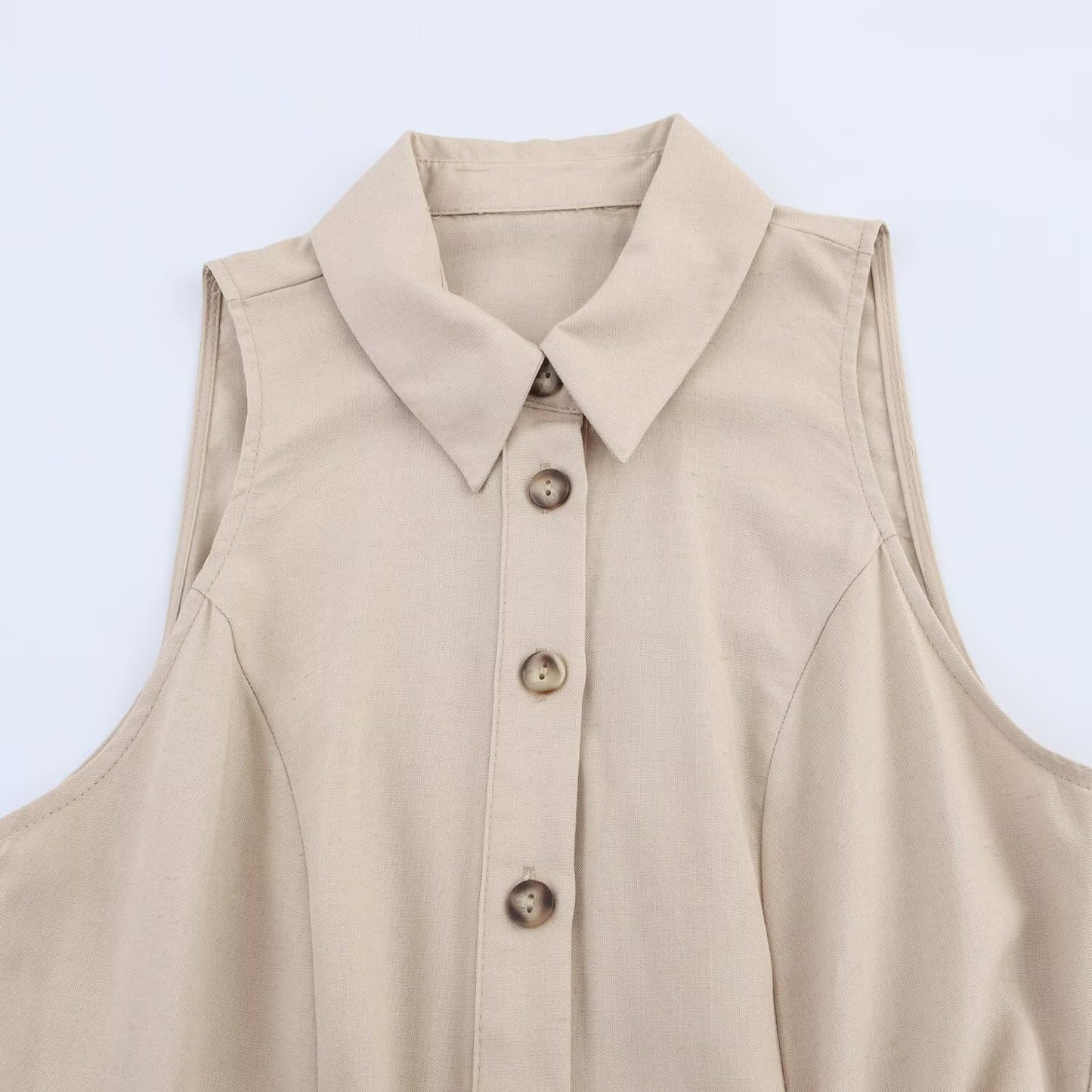 Women's' New Fashion With Belt Sleeveless Single breasted Linen Blended Mini Dress