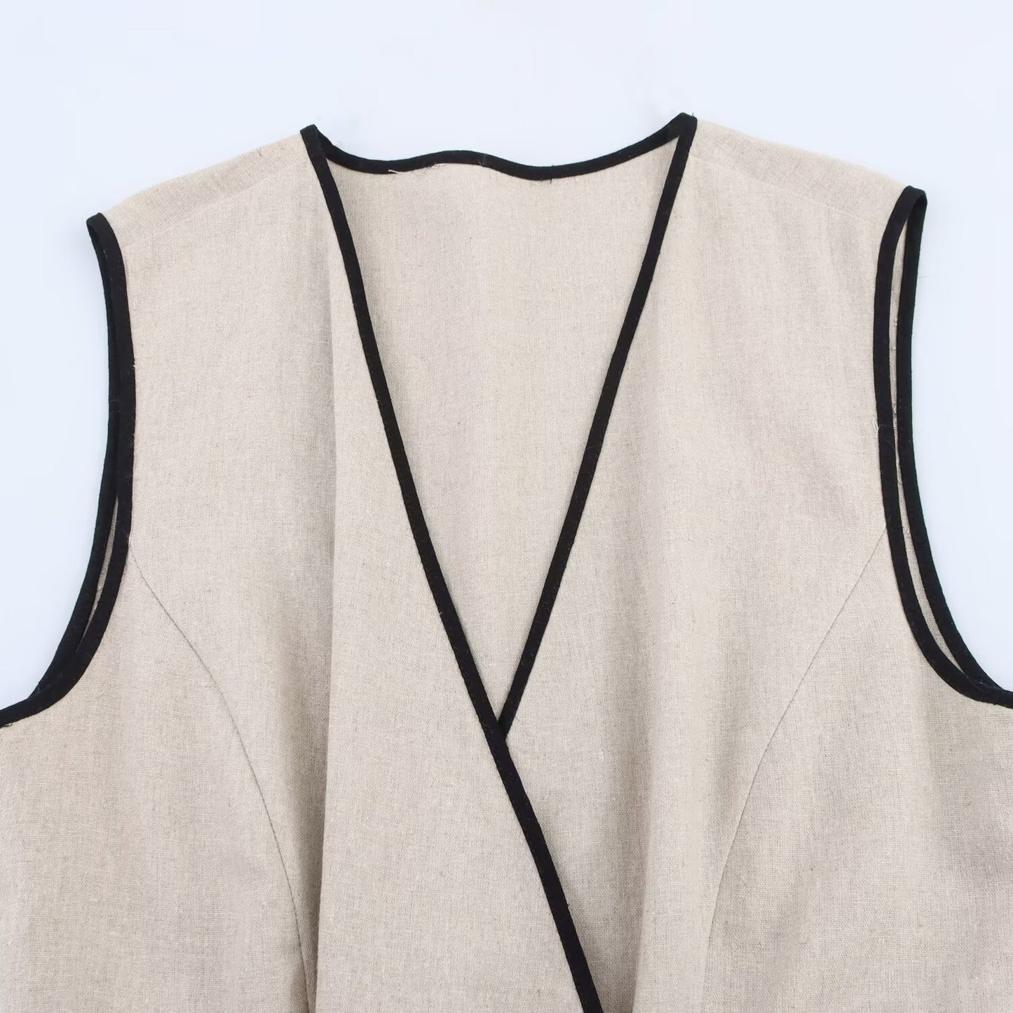 Women's' New Fashion With Belt Sleeveless Linen Blended V-neck Midi Dress