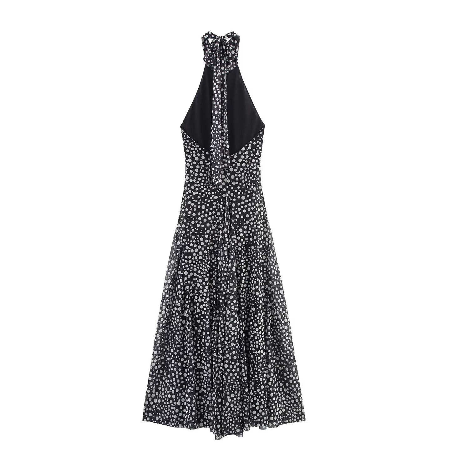 Women's' new fashion sleeveless backless polka dot print hanging neck MIDI dress
