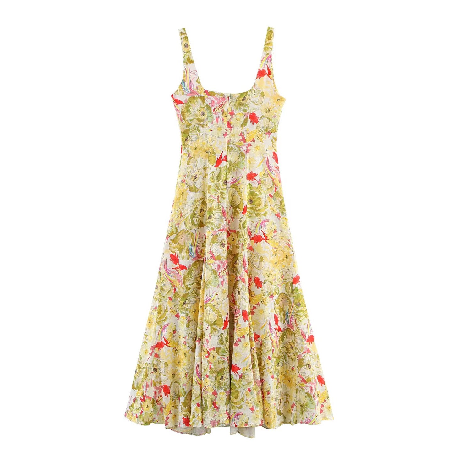 Women's' New Fashion slim backless Sleeveless printed linen blended MIDI dress