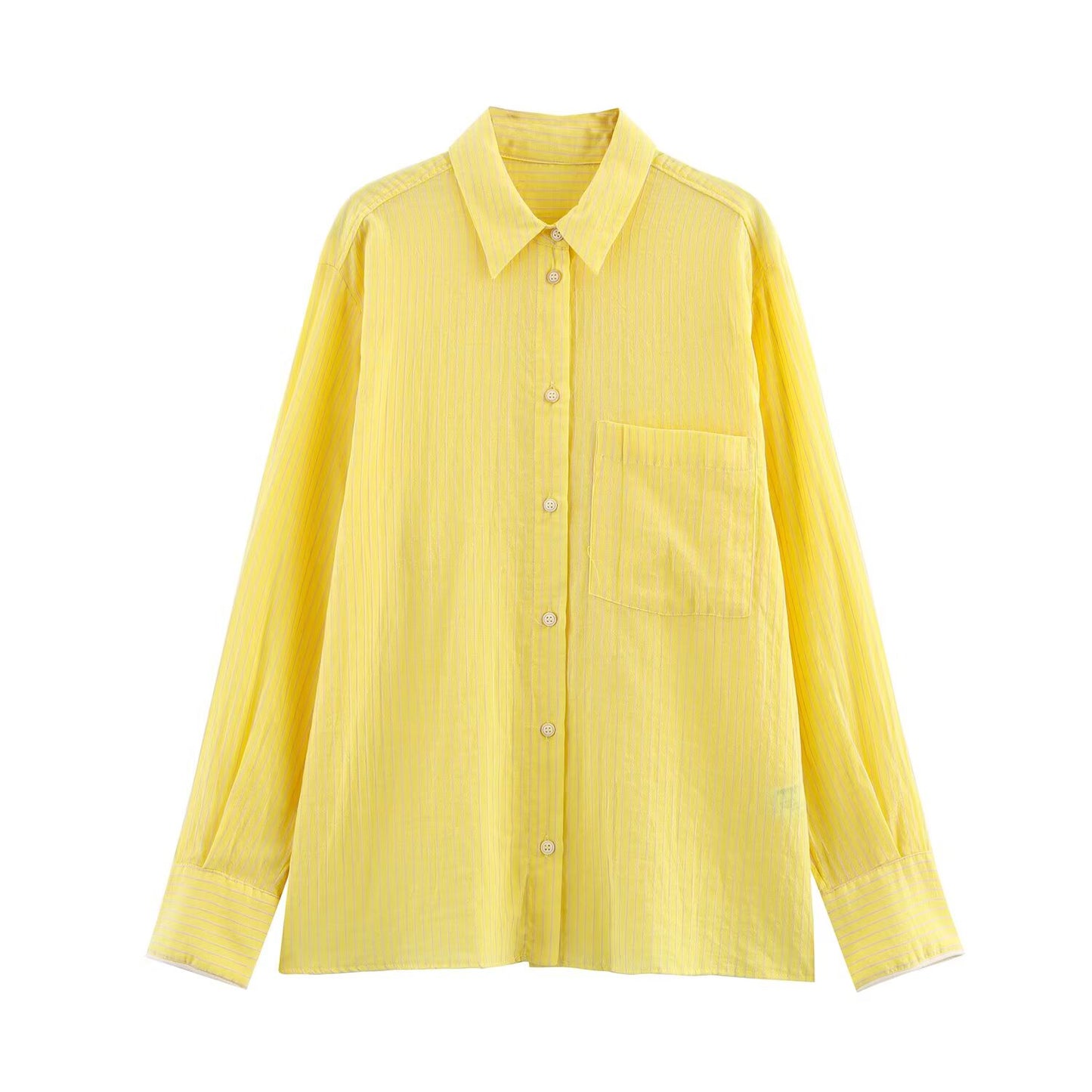 Women's new fashion pocket decoration loose single breasted shirt casual striped pleated shirt retro long sleeved women's shirt chic top