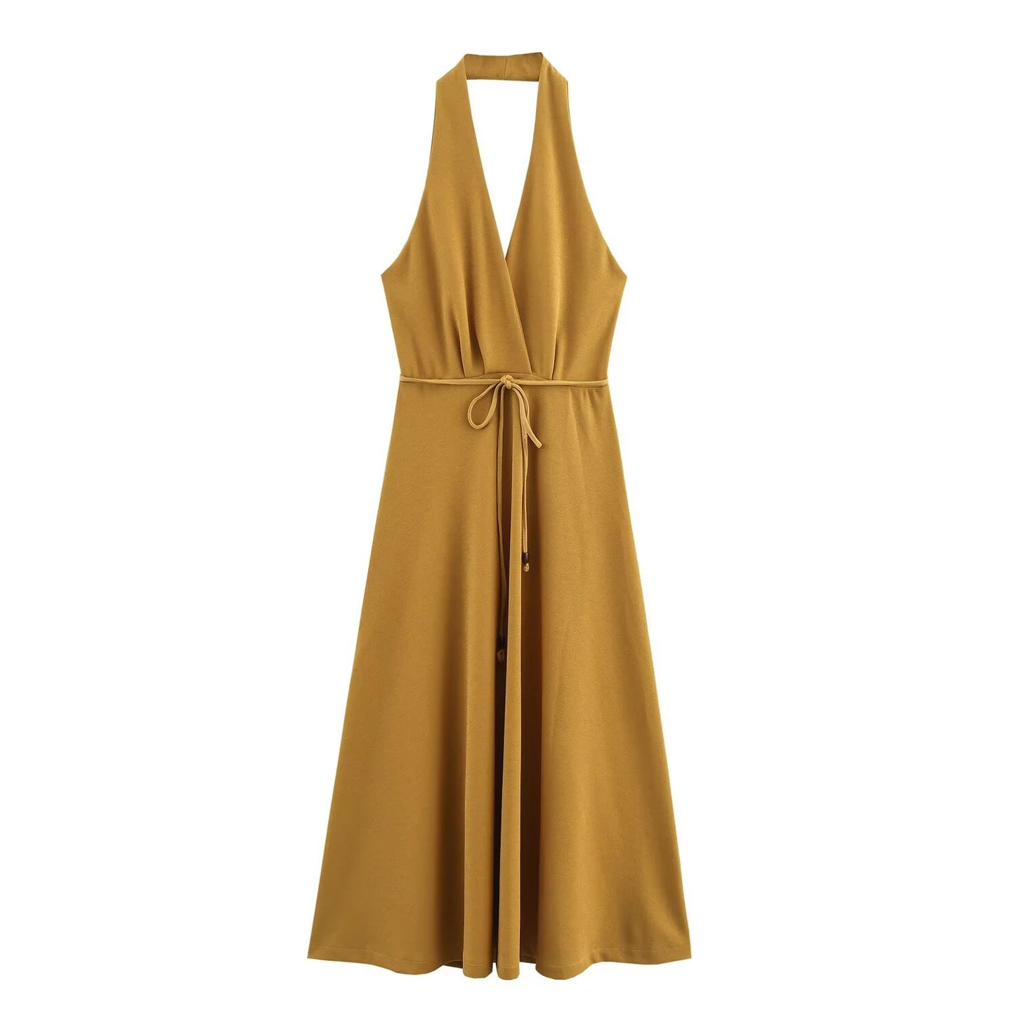 Ladies' new fashion belt decoration sleeveless backless hanging neck MIDI dress