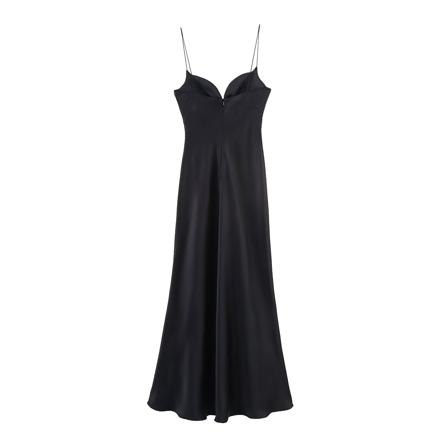Ladies' new fashion black slim backless satin texture suspender MIDI dress