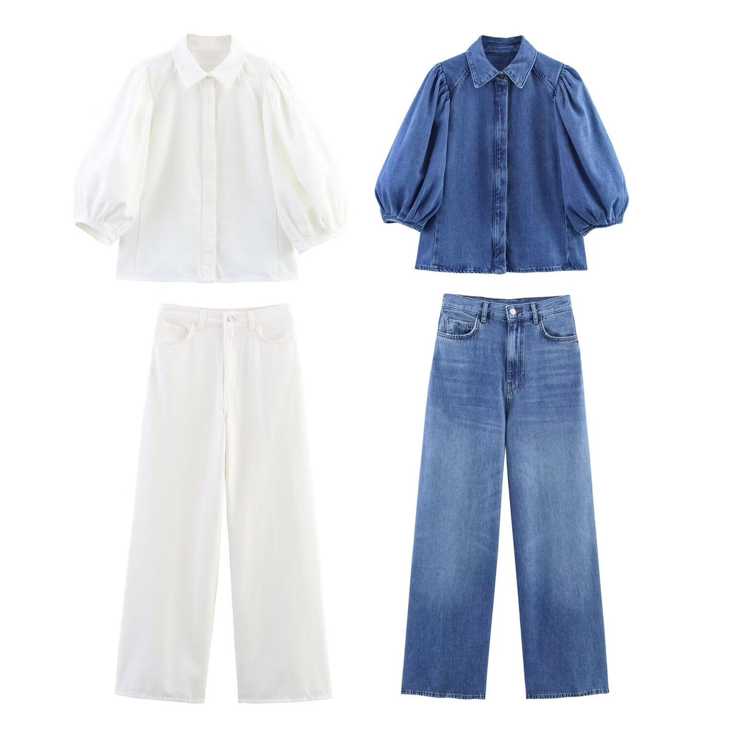 Women's' New Fashion bubble short sleeved casual Button-up denim shirt+Jeans Women's suit