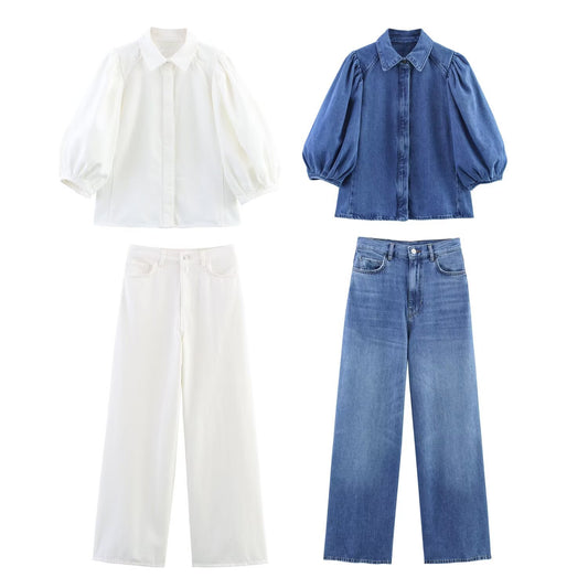 Women's' New Fashion bubble short sleeved casual Button-up denim shirt+Jeans Women's suit
