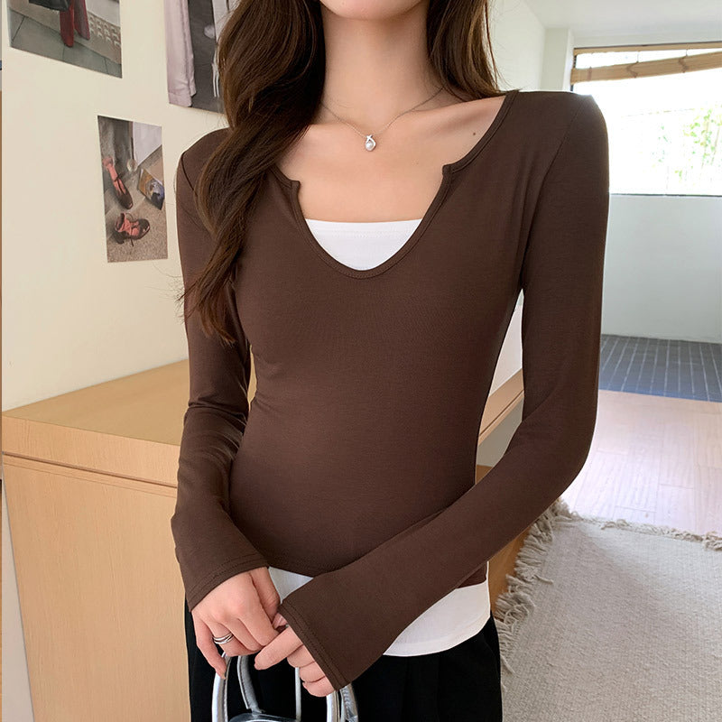 LU Women's V-neck retro stitching contrast fake two-piece long-sleeved slim slim design sense spice top