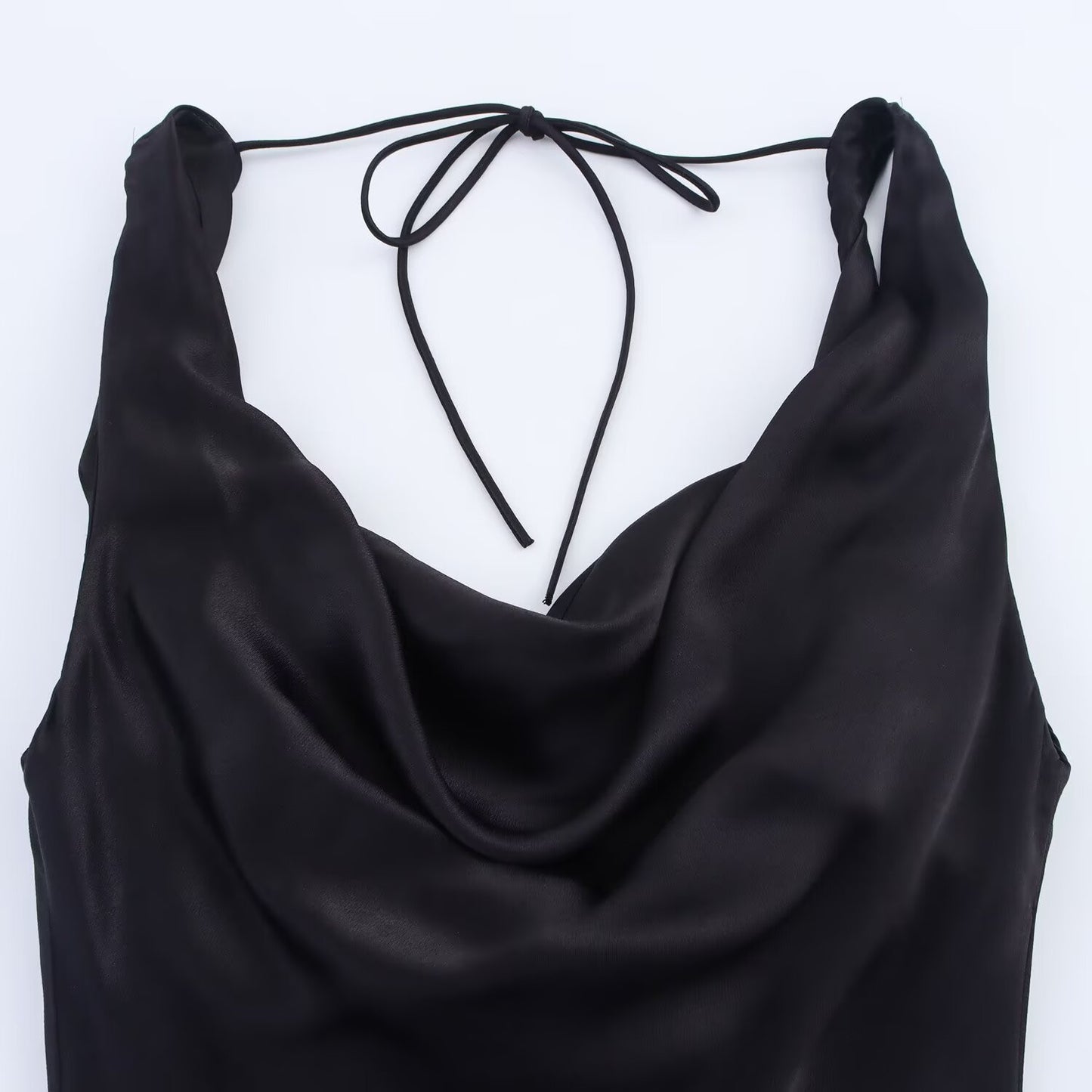 Women's' New Fashion black slim satin texture draped suspender MIDI dress