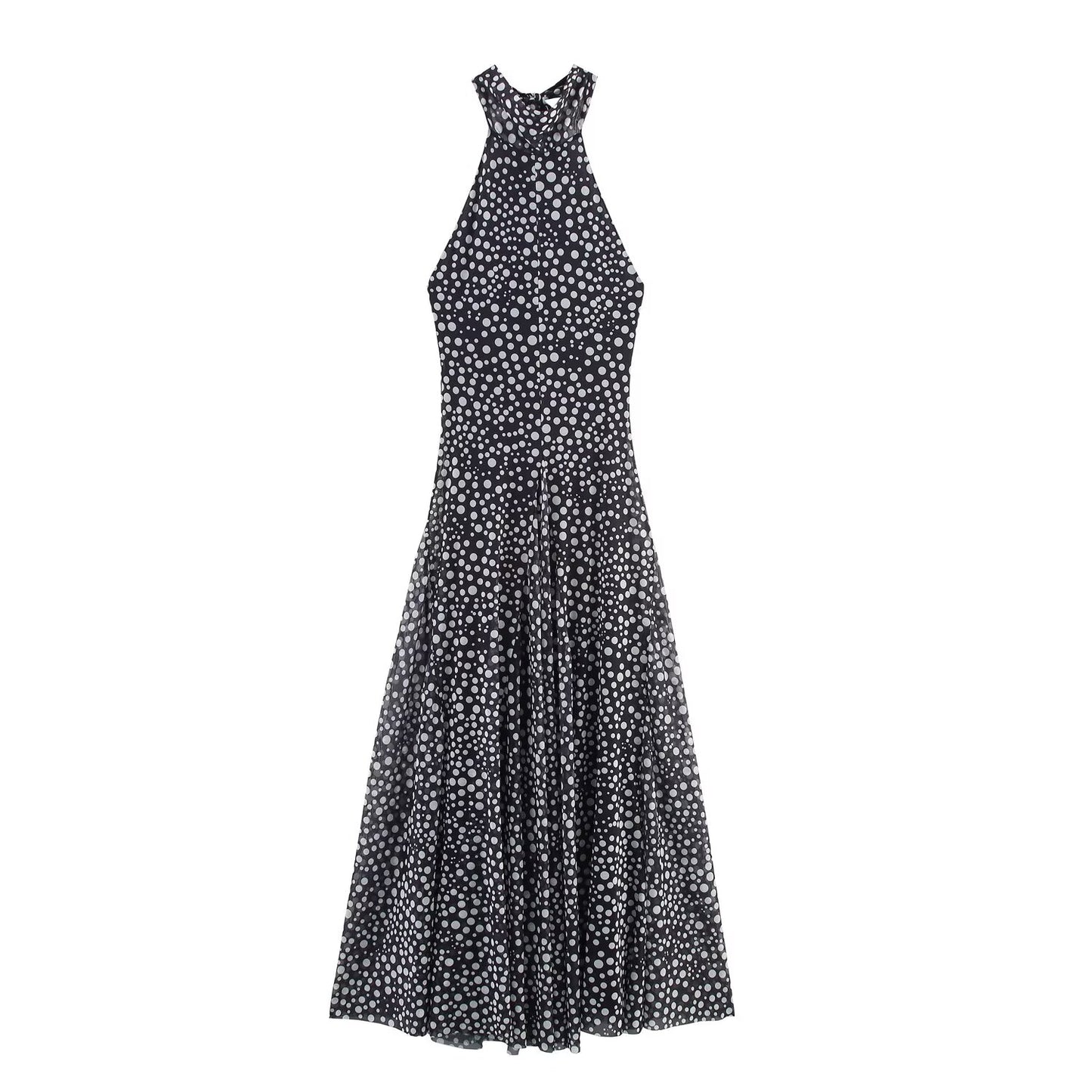Women's' new fashion sleeveless backless polka dot print hanging neck MIDI dress