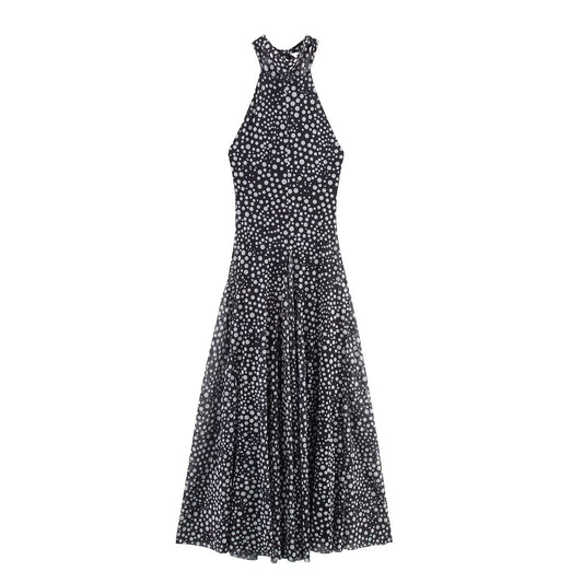 Women's' new fashion sleeveless backless polka dot print hanging neck MIDI dress