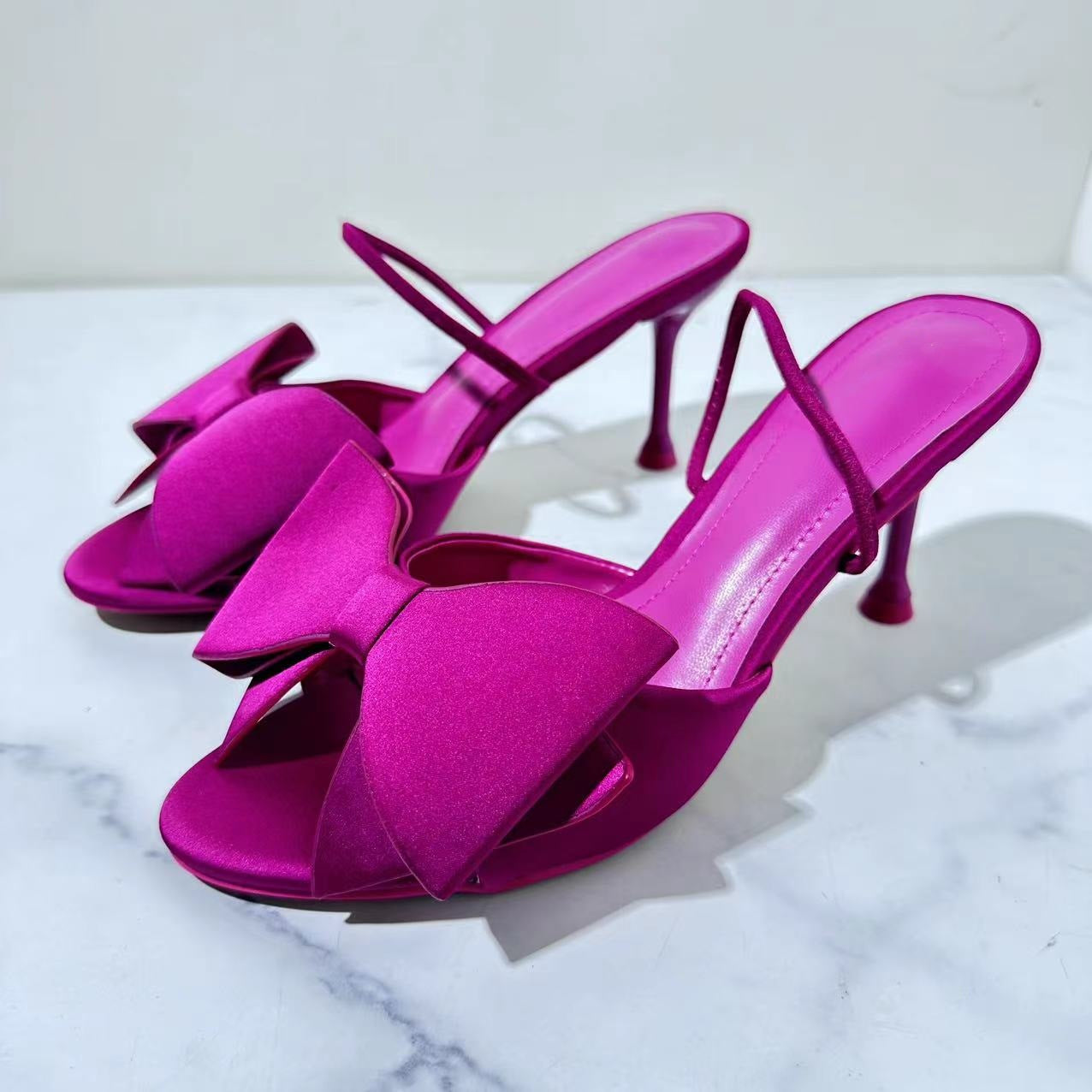 Women's 2025 new temperament Joker satin bow decorated with stiletto sandals.