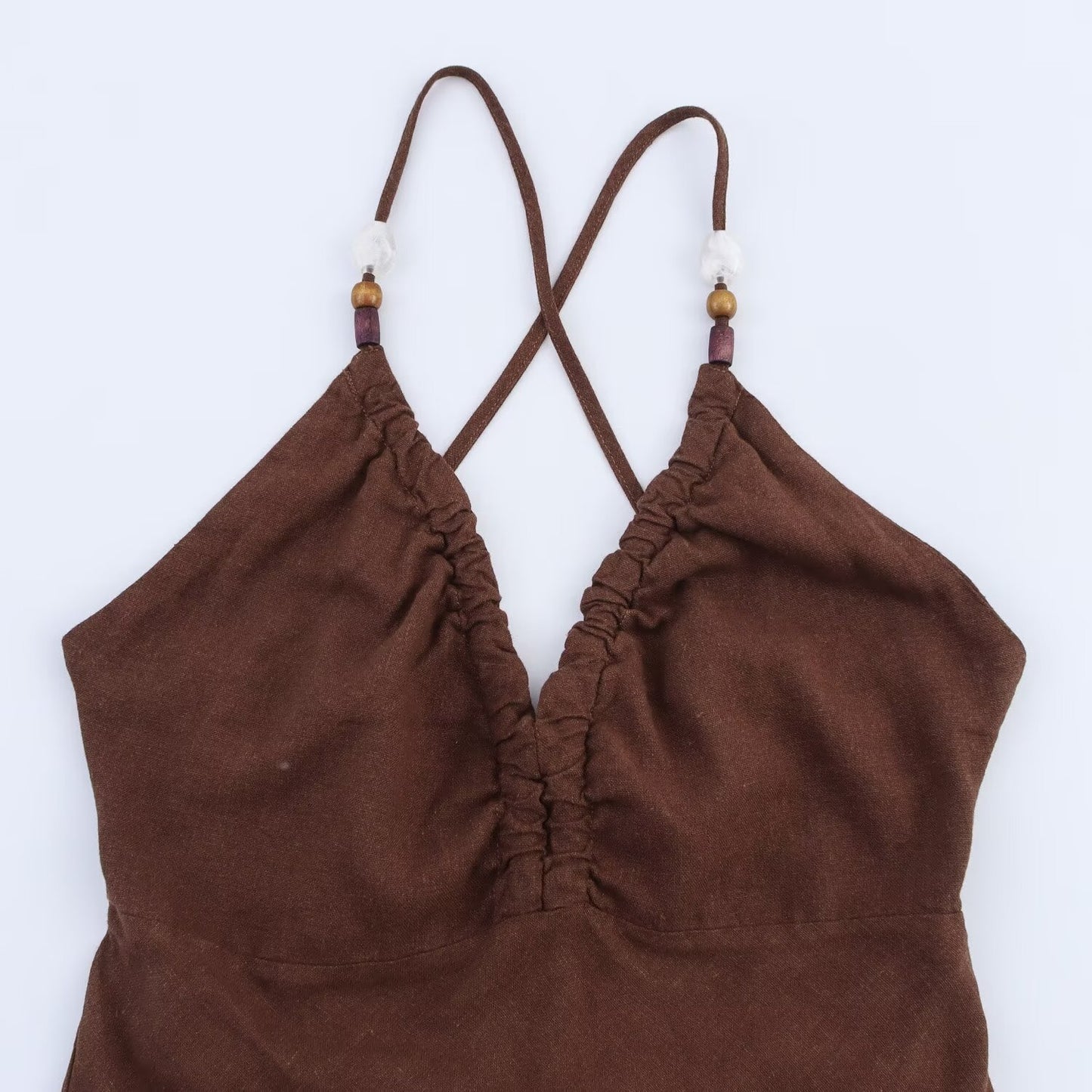 Women's' new fashion slim backless V-neck linen blended suspender MIDI dress