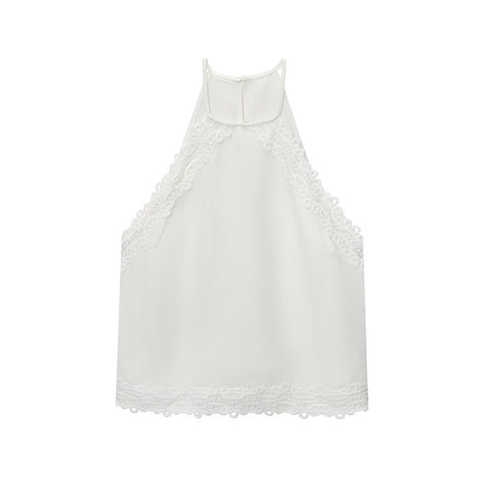 2025 Women's new sleeveless crochet stitch Split hanging neck top