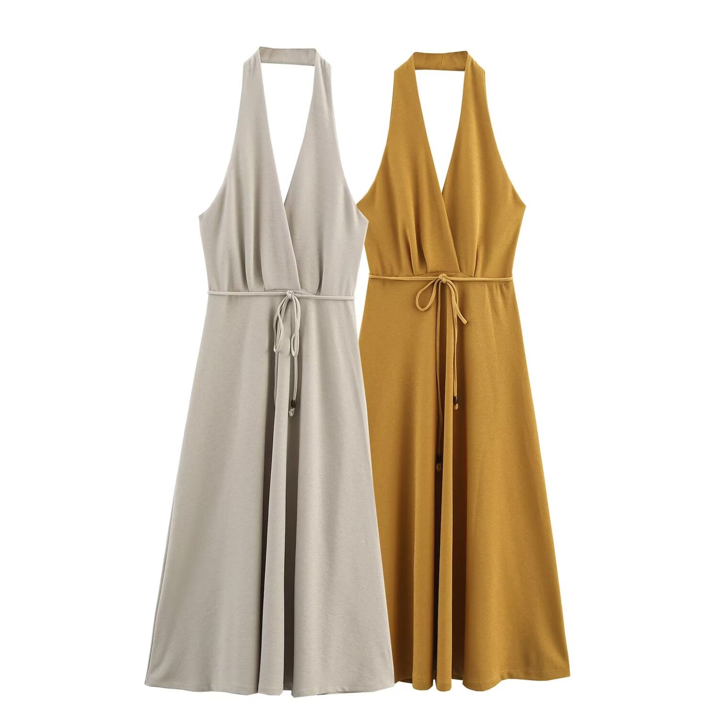 Ladies' new fashion belt decoration sleeveless backless hanging neck MIDI dress