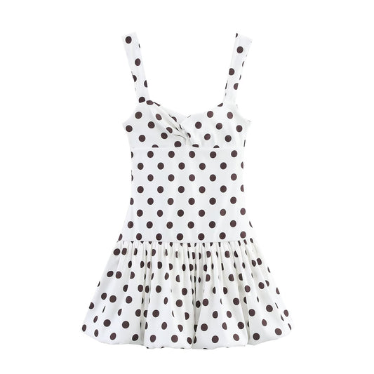 Women's' New Fashion balloon version polka dot printed Wide shoulder strap mini dress