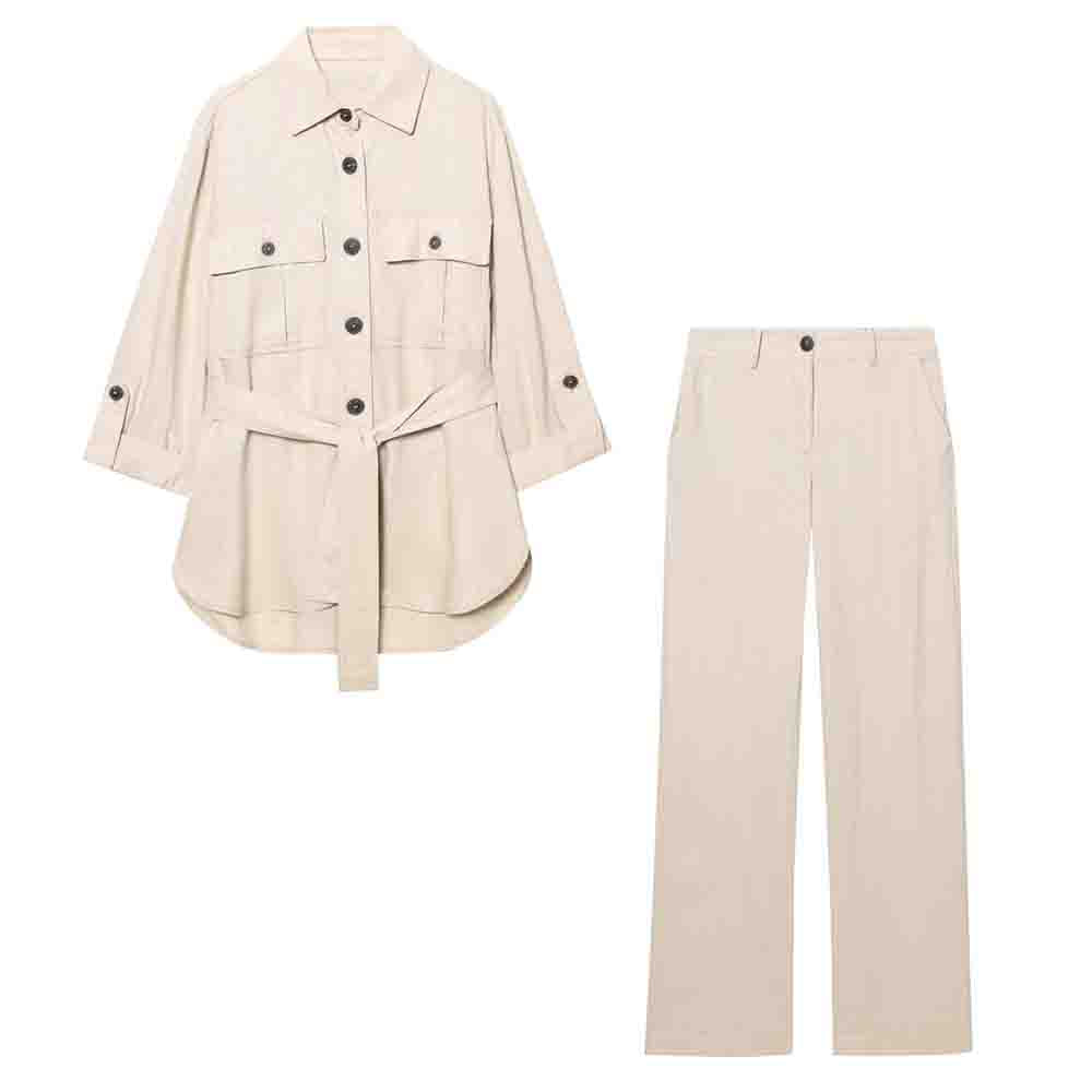 Women's new fashion with belt casual linen blend button up shirt+Pants Women's suit