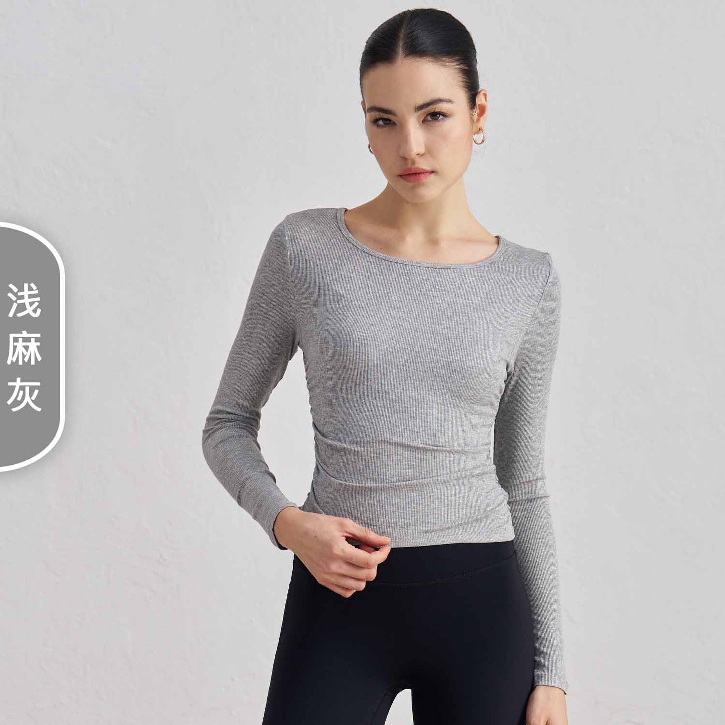 Women's New Ribbed Nude Yoga Clothes Pleated Slim Round Tie Finger Sleeve Fitness Long Sleeve Top