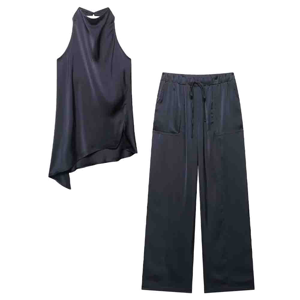 suit Women's 2 pieces fashion sleeveless satin texture hanging neck top+Pants suit