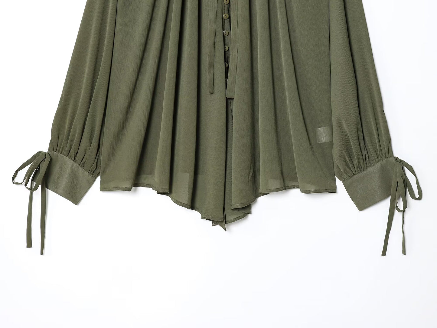 2025 Women's fashion bow Lace up decoration long sleeved pleated shirt