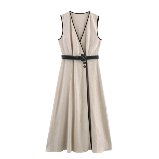 Women's' New Fashion With Belt Sleeveless Linen Blended V-neck Midi Dress