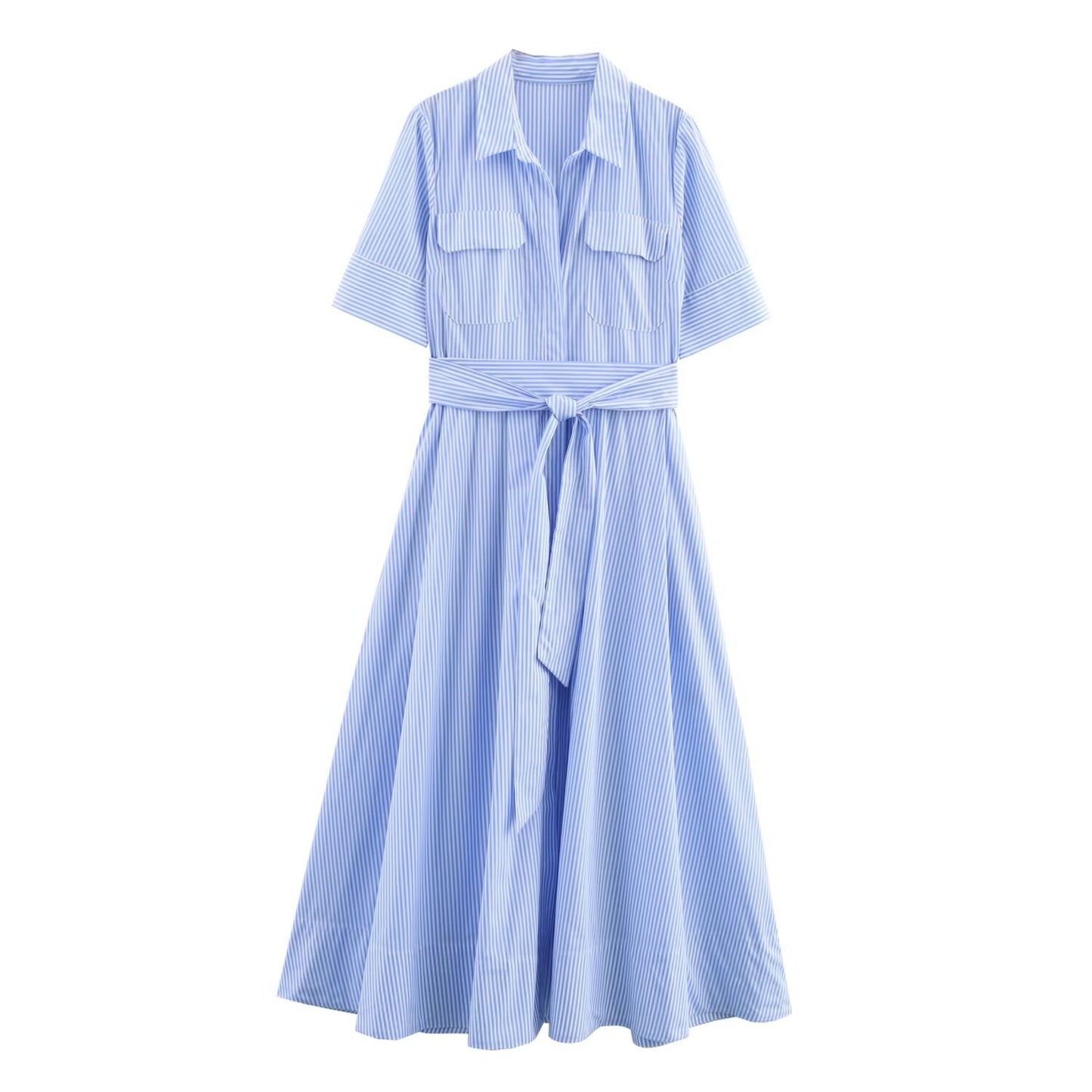 Women's' new fashion with Belt short sleeved poplin striped shirt style MIDI dress
