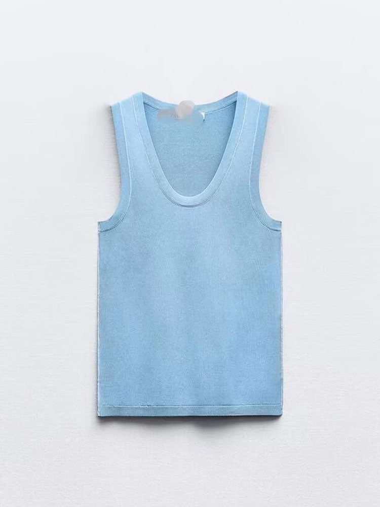 Women's 2025 chic and stylish contrast-trimmed plain needle sleeveless top vest