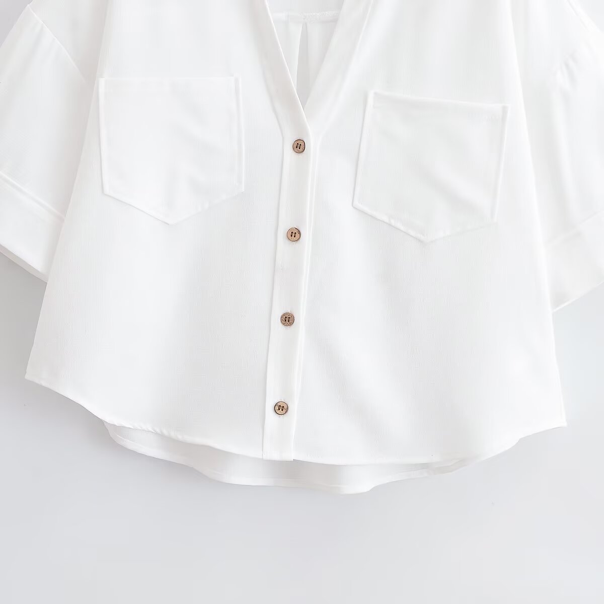 Women's New Fashion Short sleeved Single breasted Blended V-neck Shirt